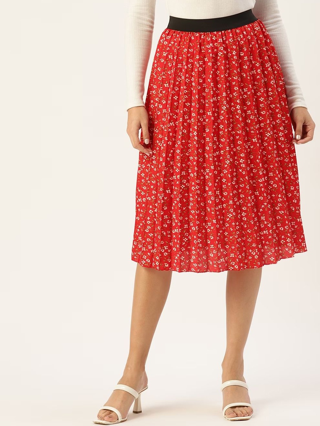 

Moda Rapido Floral Printed Pleated A-Line Midi Skirt, Red