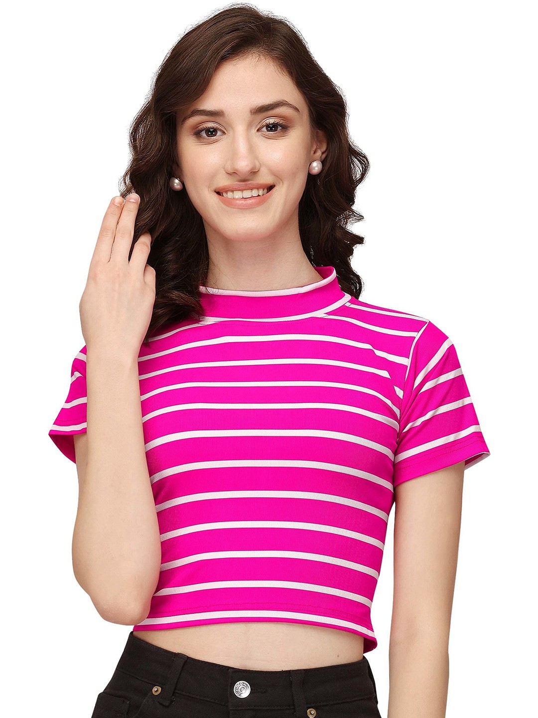 

NiloBerry Striped Cold-Shoulder Crop Top, Pink