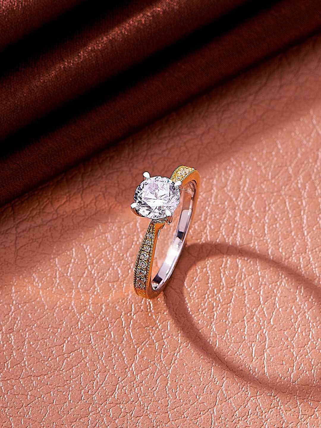 

Nipura 925 Sterling Silver Gold-Plated CZ Studded Angelix Solitaire Finger Ring