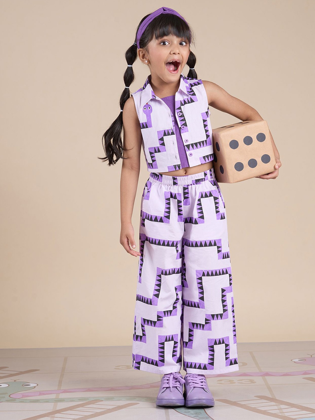 

LIL DRAMA Girls Printed T-shirt with Palazzos, Purple