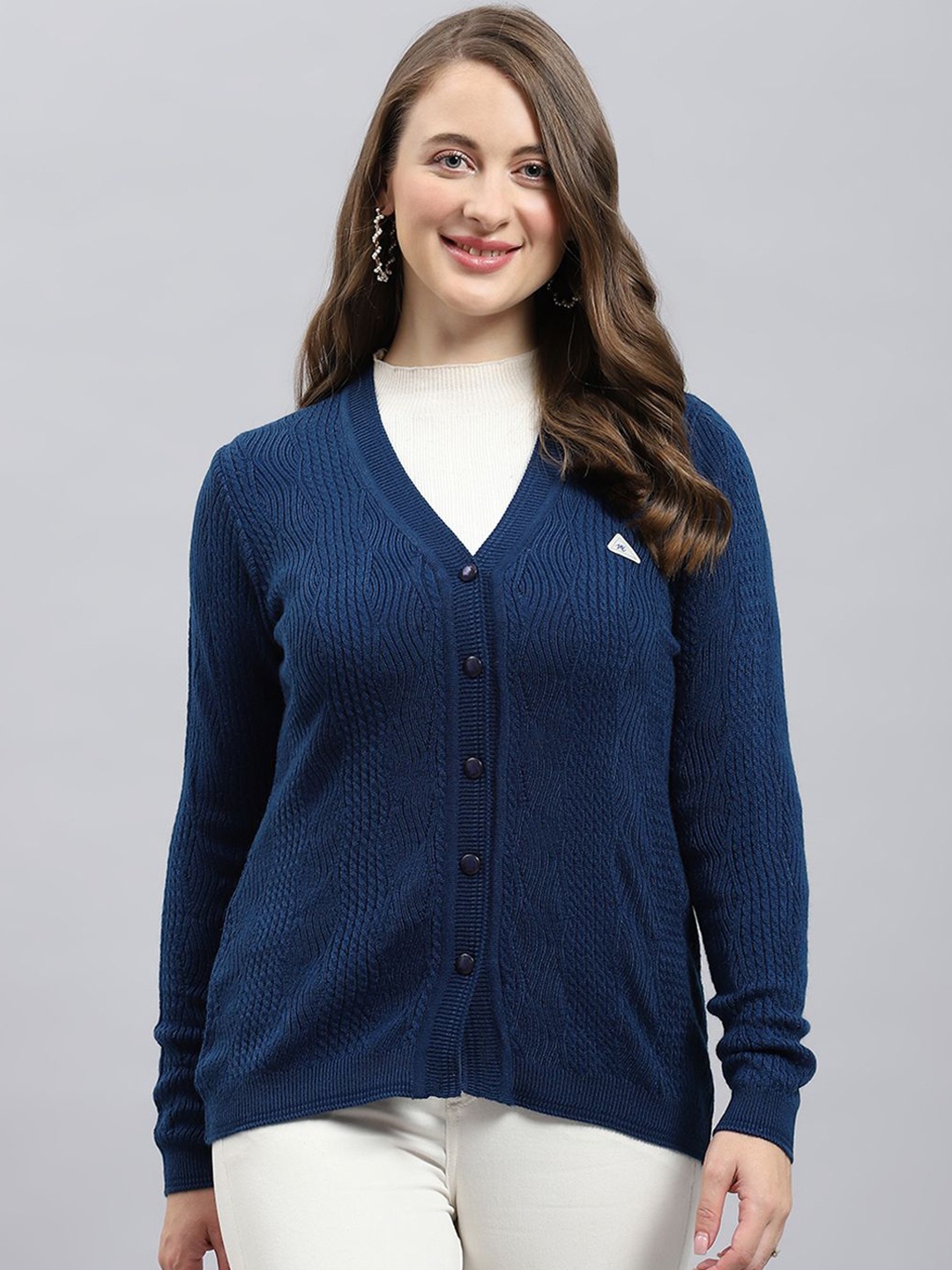 

Monte Carlo Women Cable Knit Woollen Cardigan, Blue