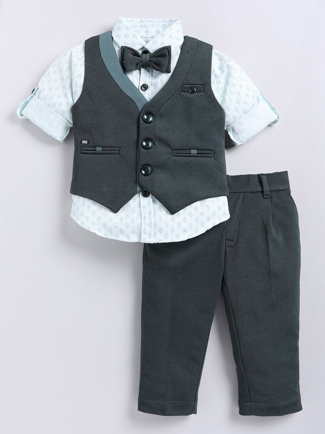 

LITTLE COLLARS Boys Printed Shirt with Trousers, Green
