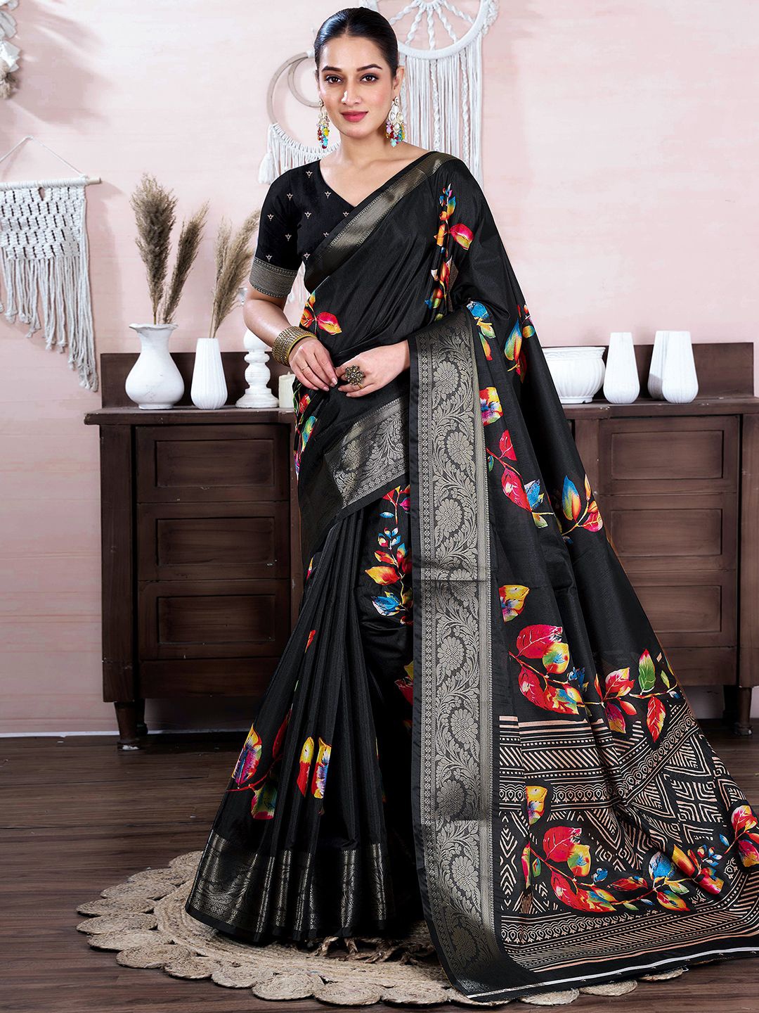 

all about you Floral Zari Silk Blend Kanjeevaram Saree, Black