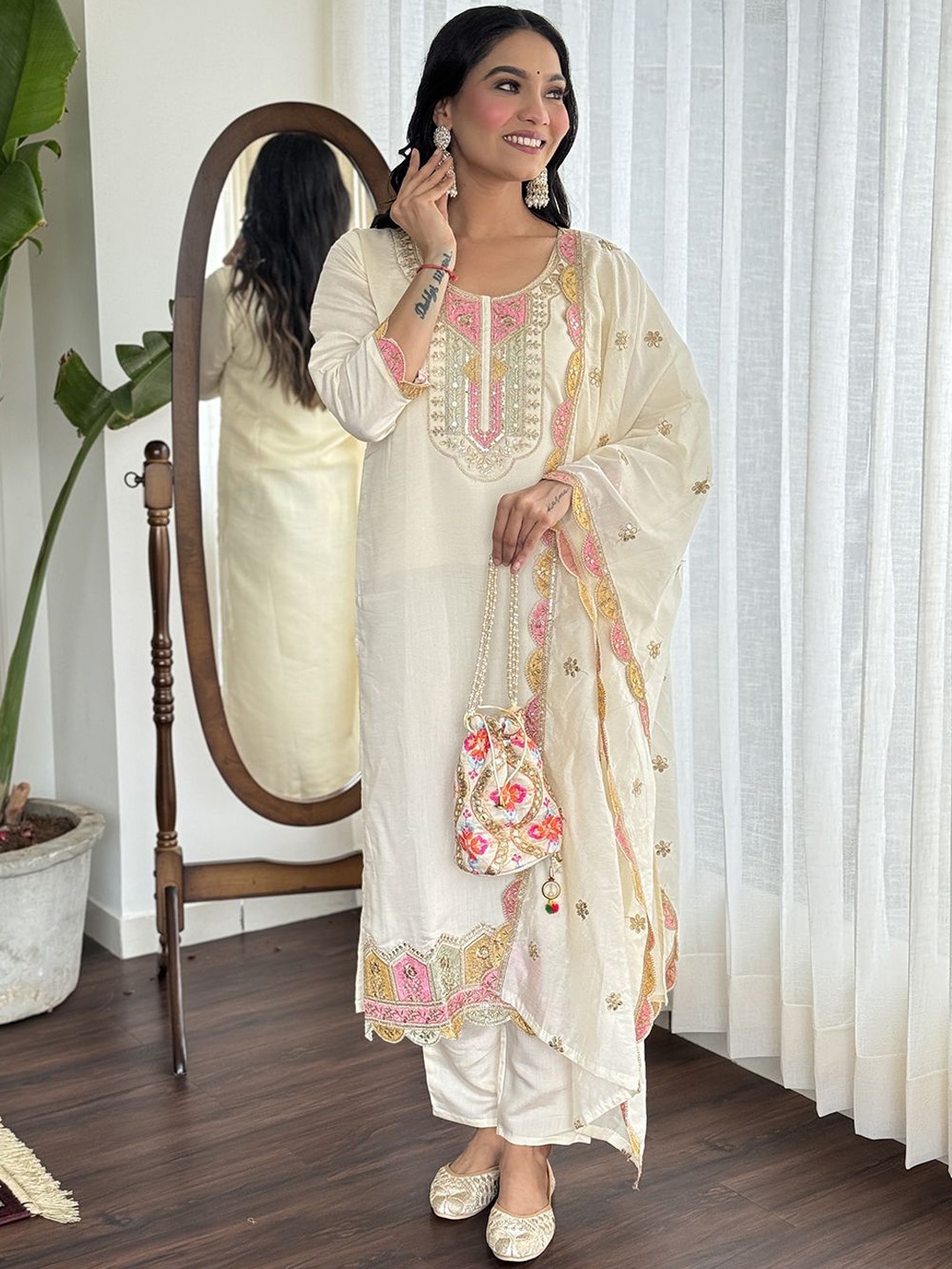 

KALINI Women Floral Embroidered Sequinned Silk Kurta with Trousers & With Dupatta, Cream