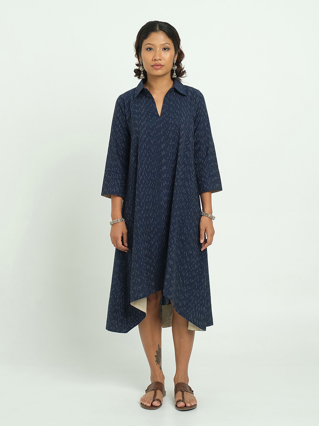 

CYAN Polka Dot Print Shirt Midi Dress, Navy blue