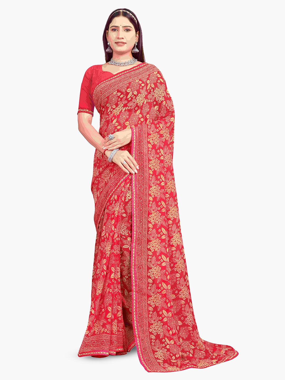 

shree krishna fashion Floral Art Silk Saree, Pink