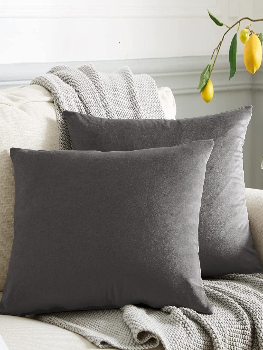 

CASABLEU Grey Set of 2 Velvet Square Cushion Covers