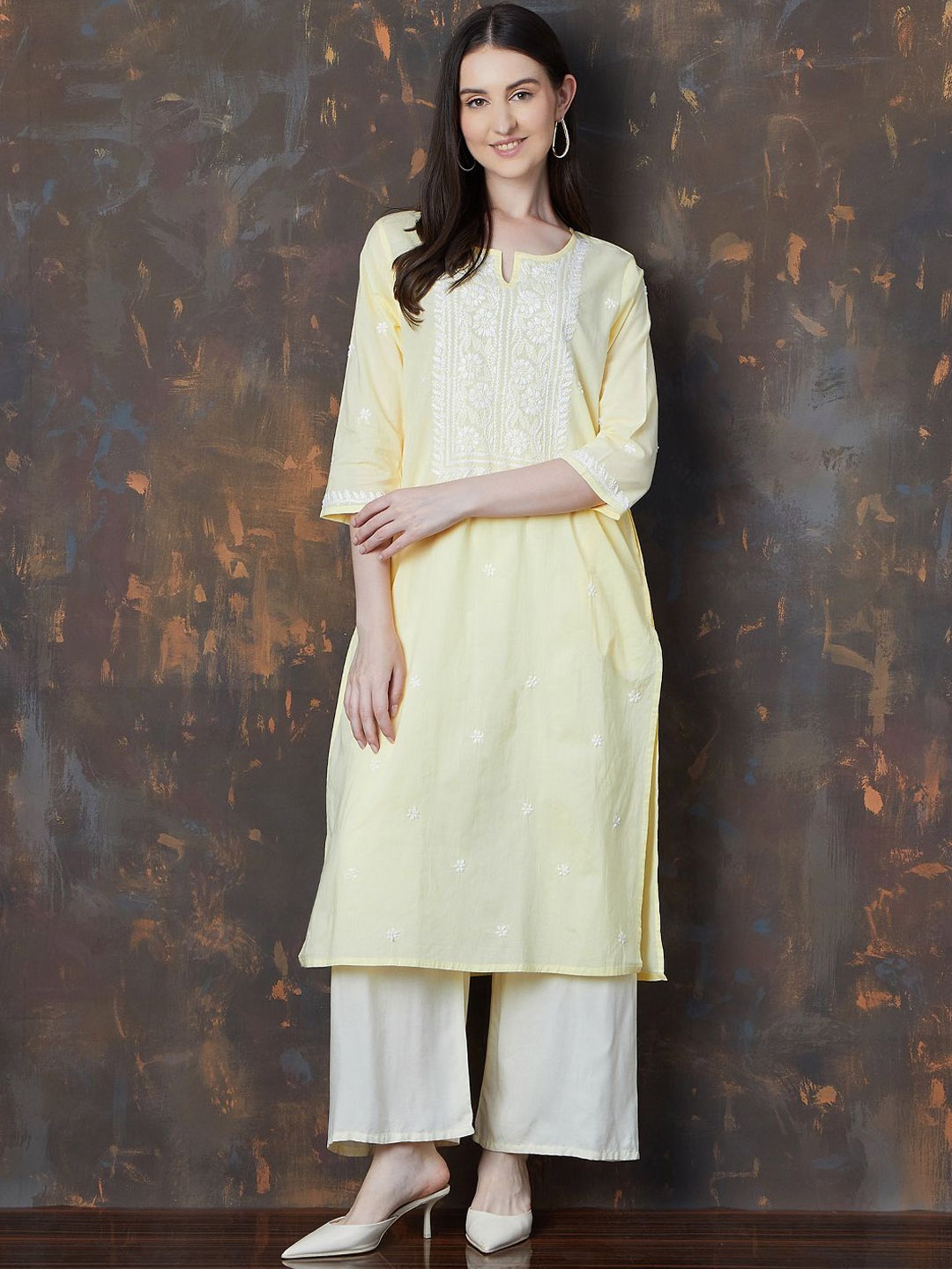

Melange by Lifestyle Women Ethnic Motifs Embroidered Keyhole Neck Flared Sleeves Thread Work Kurta, Yellow