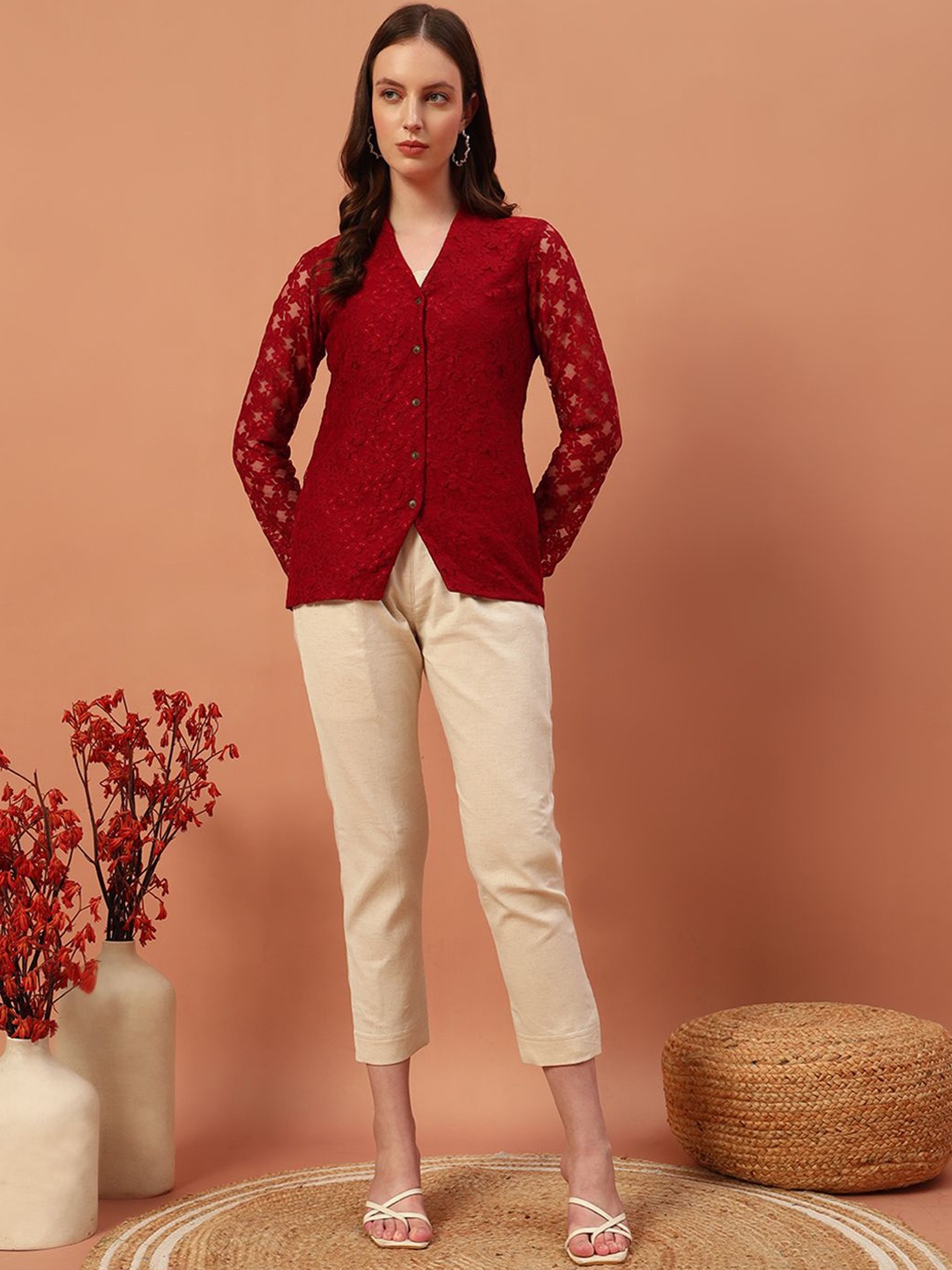 

Rudraaksha Creations Shoulder Strap Neck Top & Trousers With Shrug Co-Ords, Beige