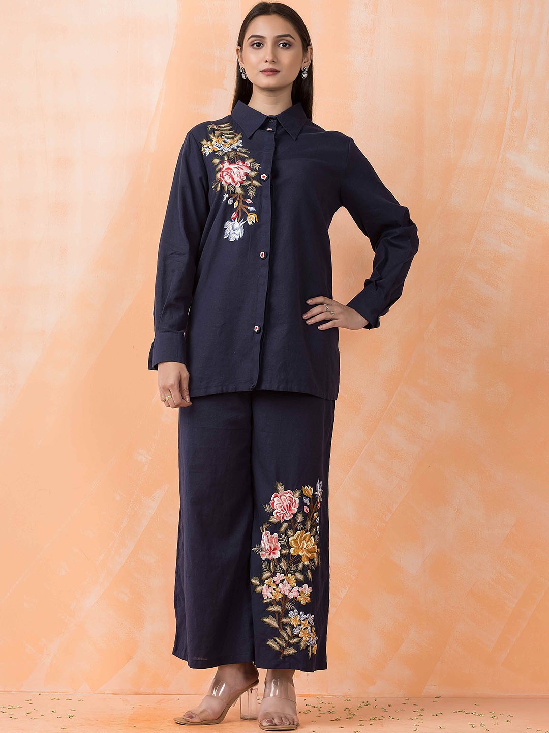 

SACRED SUTA Floral Embroidered Pure Cotton Shirt With Trousers Co-ords, Navy blue
