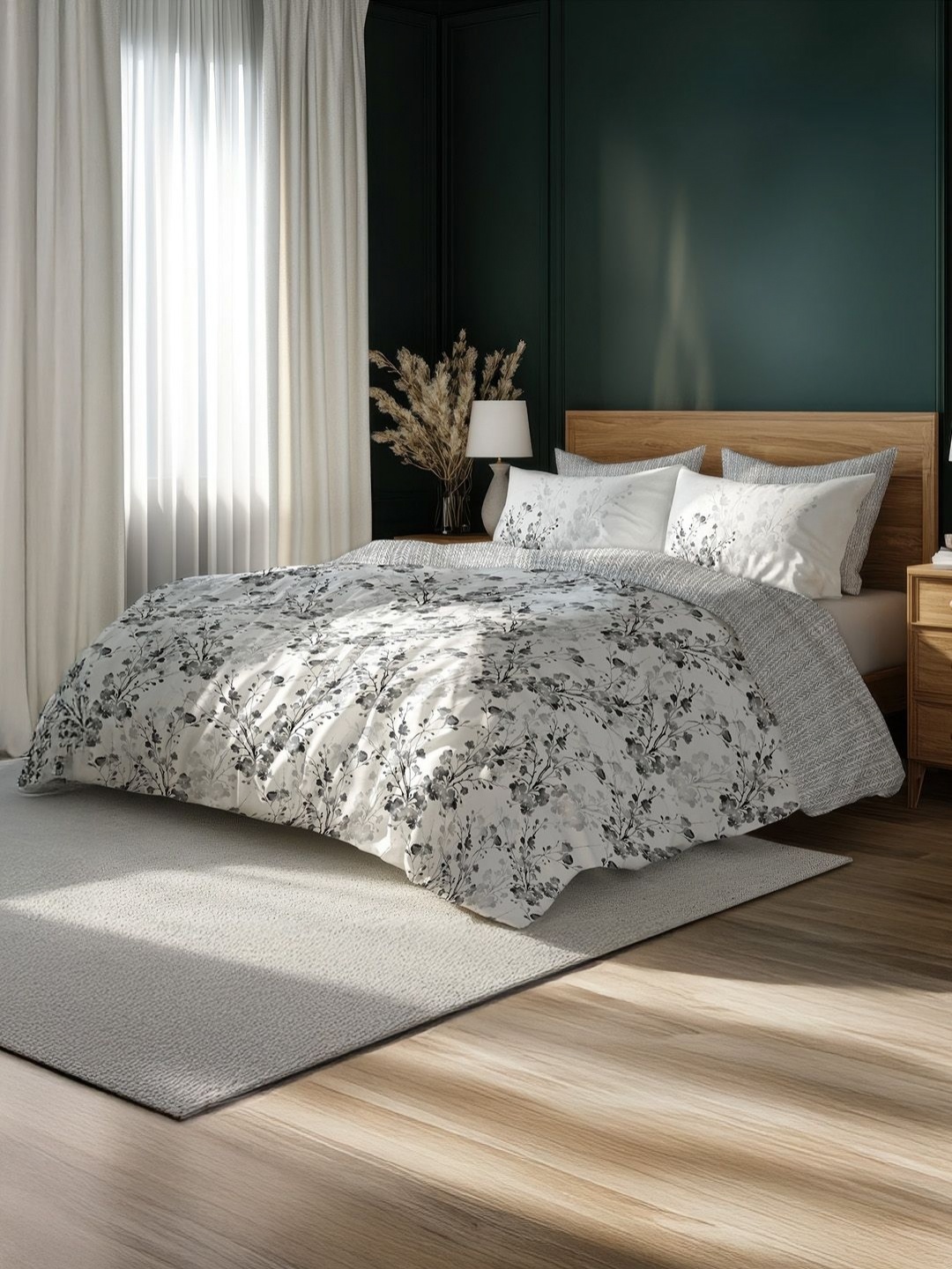 

LANE LINEN White & Grey Floral 400 TC King Bedsheet with 4 Pillow Covers
