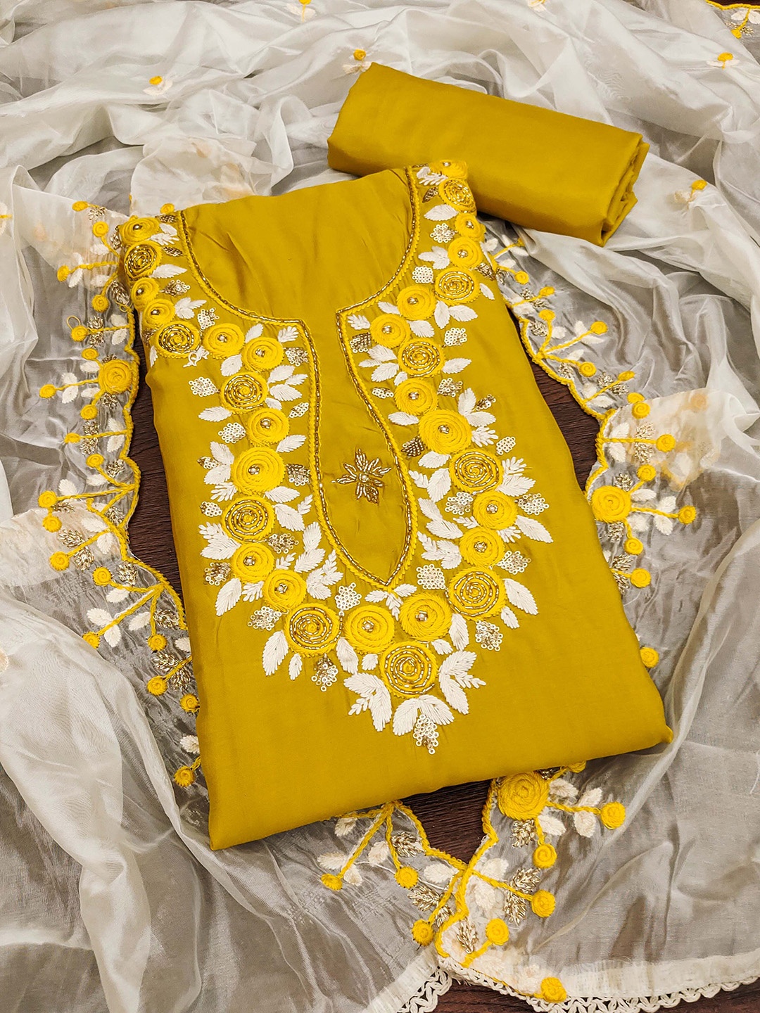 

SHADOW & SAINING Embroidered Pure Silk Semi-Stitched Dress Material, Mustard