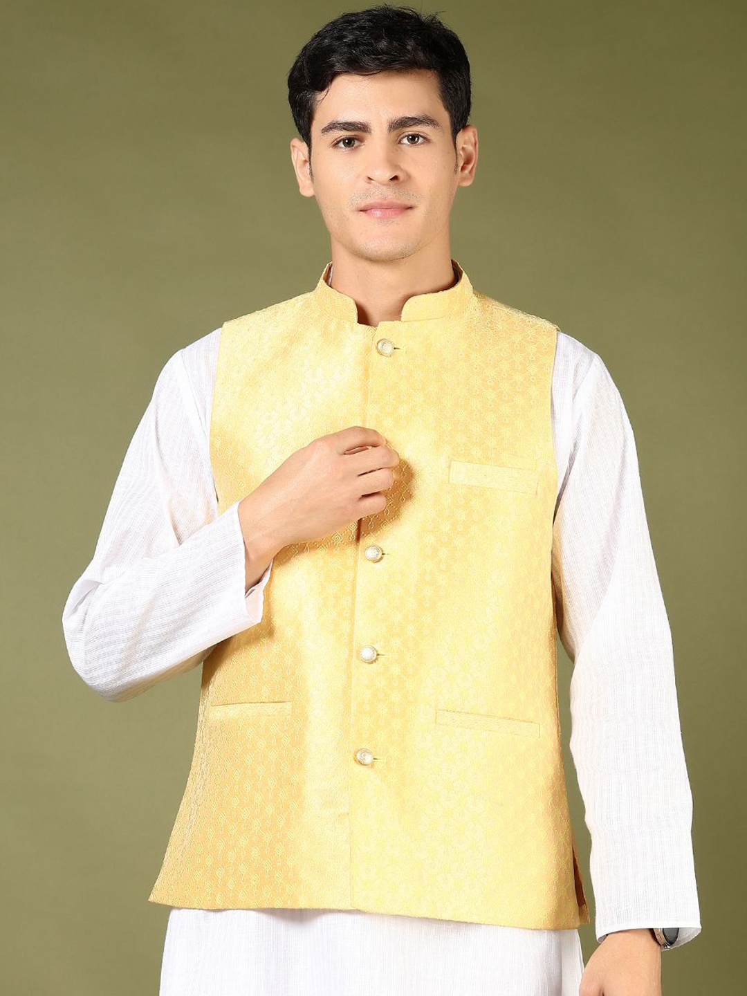 

V-Mart Woven Designed Mandarin Collar Nehru Jacket, Yellow
