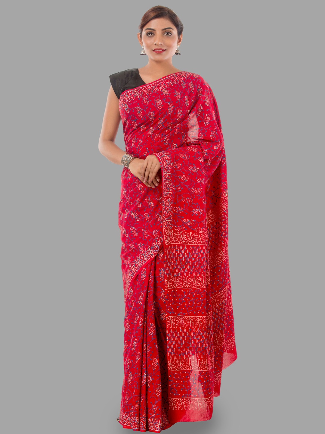 

HANDICRAFT PALACE Ethnic Motifs Pure Cotton Block Print Saree, Red