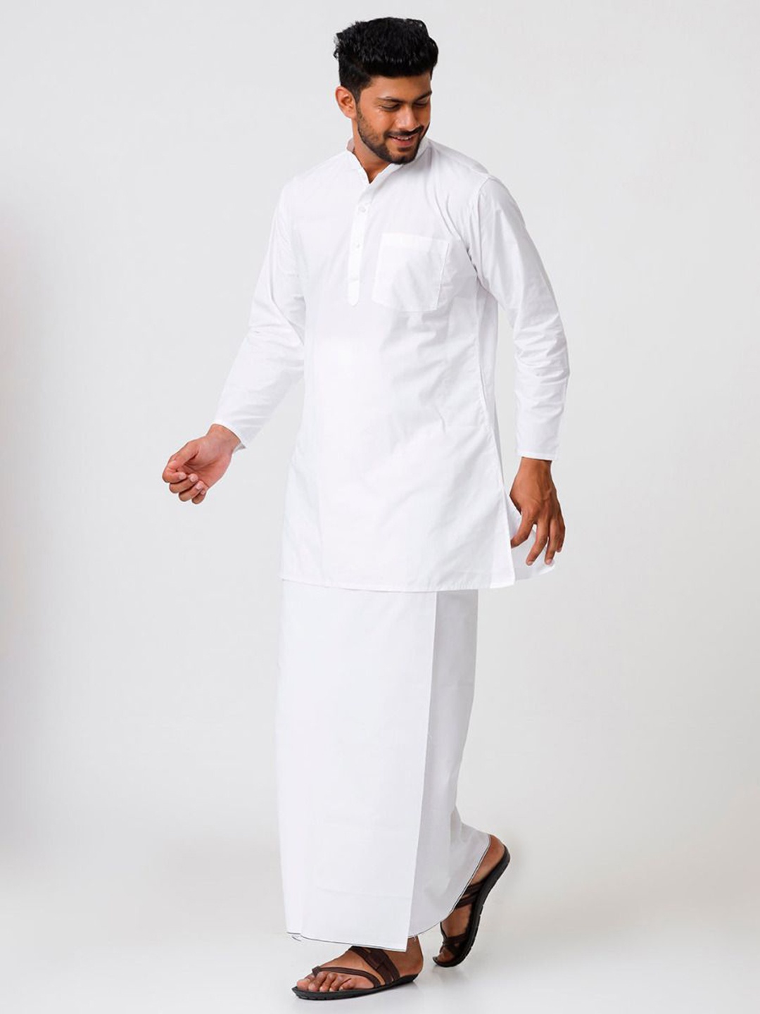 

RAMRAJ COTTON Men Full Sleeves Medium Length Kurta With Dhoti, White