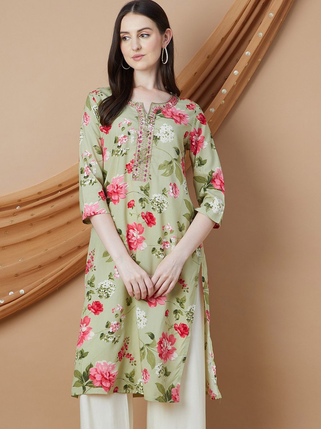 

Melange by Lifestyle Women Printed Keyhole Neck Kurta, Grey