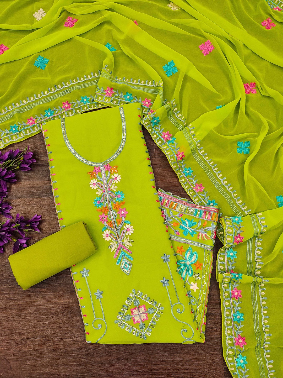 

SHADOW & SAINING Embroidered Silk Georgette Unstitched Dress Material, Green