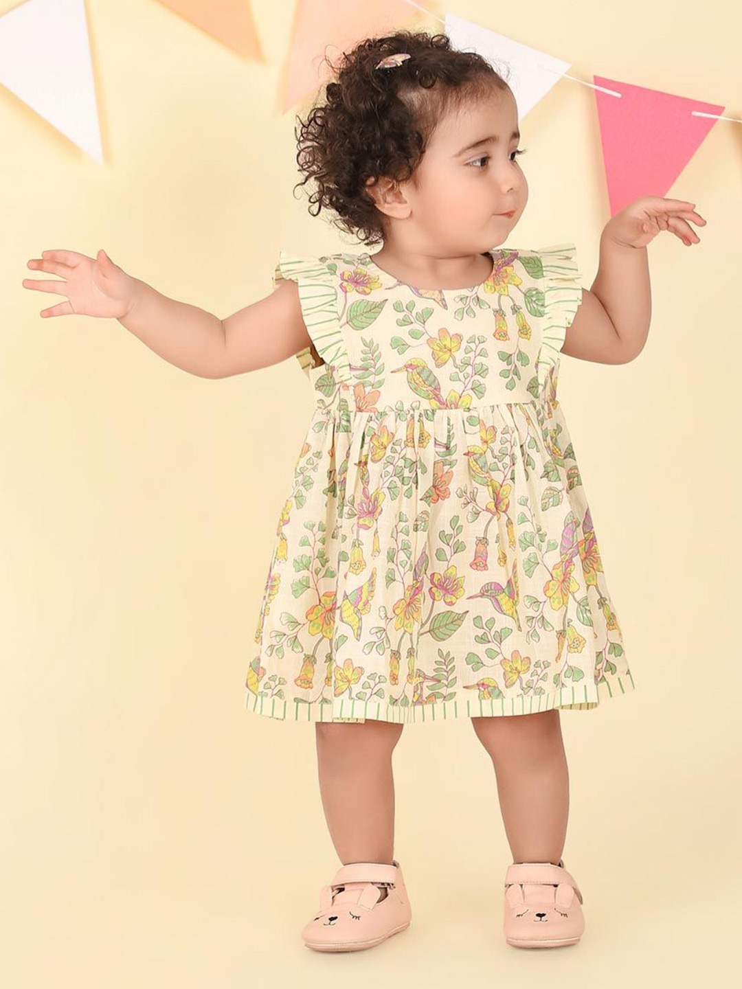 

Fabindia Tropical Print Flutter Sleeve A-Line Dress, Beige