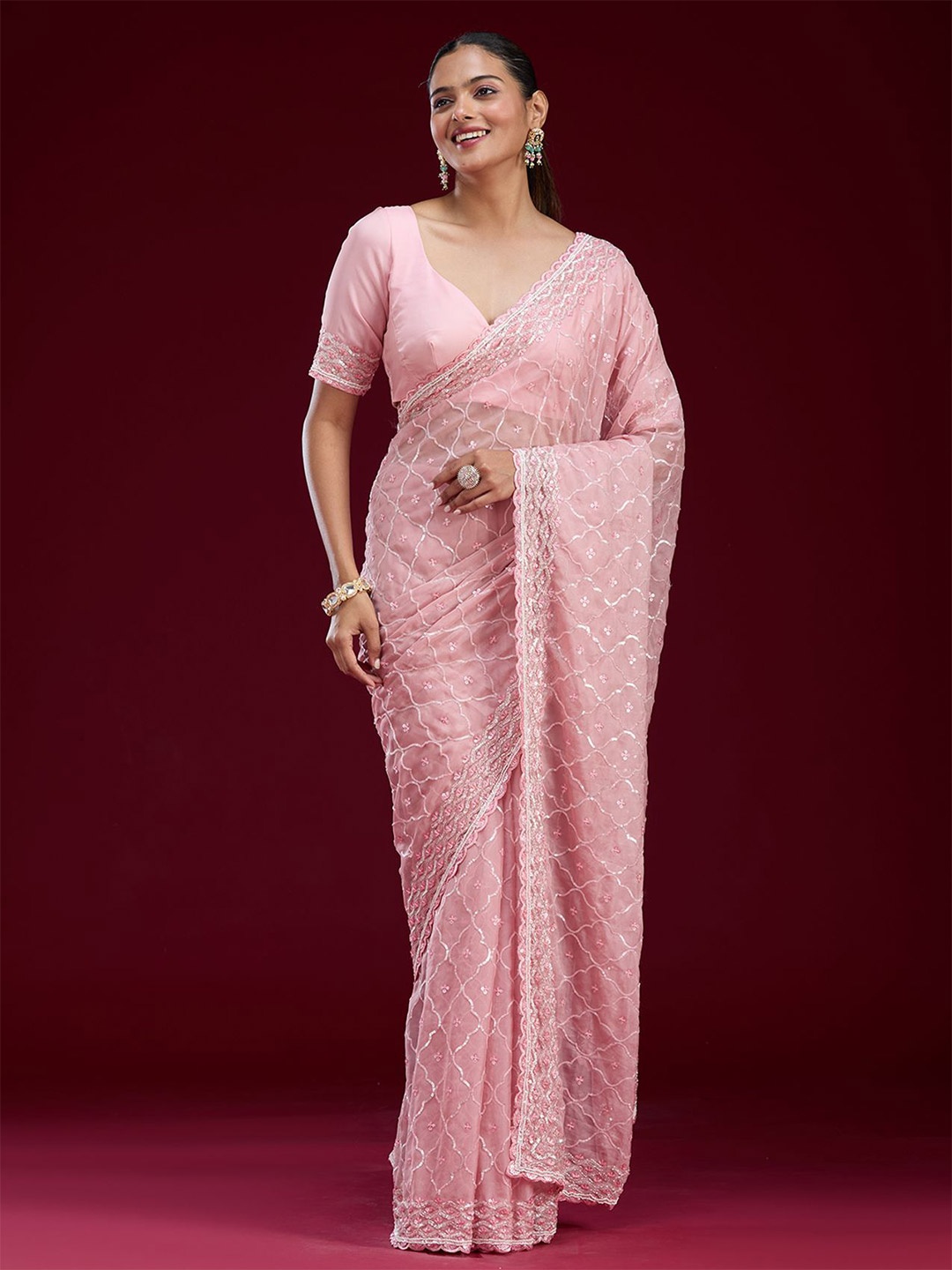 

Koskii Embellished Sequinned Tissue Saree, Pink