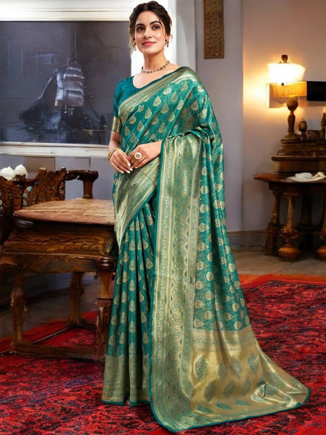 

Mitera Woven Design Zari Silk Blend Banarasi Saree, Green