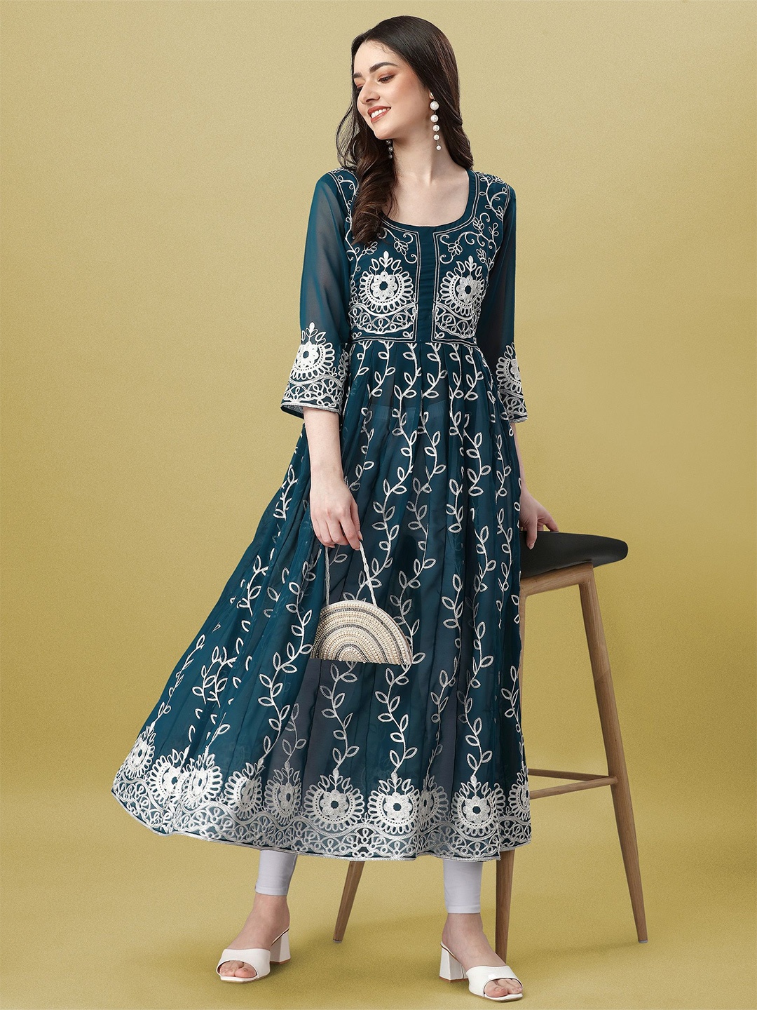 

Milastru Floral Embroidered Georgette Formal Fit & Flare Maxi Dress, Green