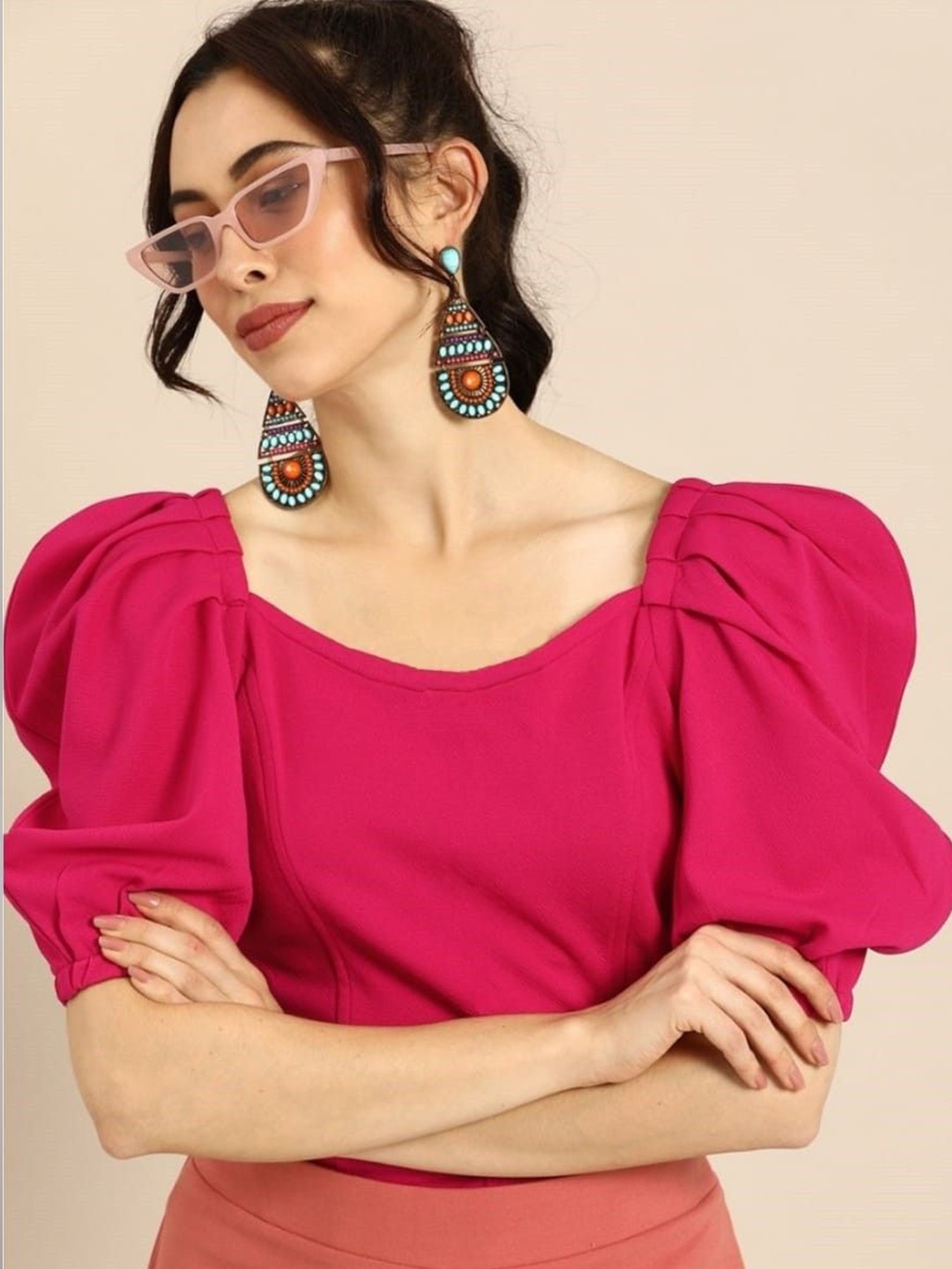 

NiloBerry Puff Sleeve Crop Top, Red