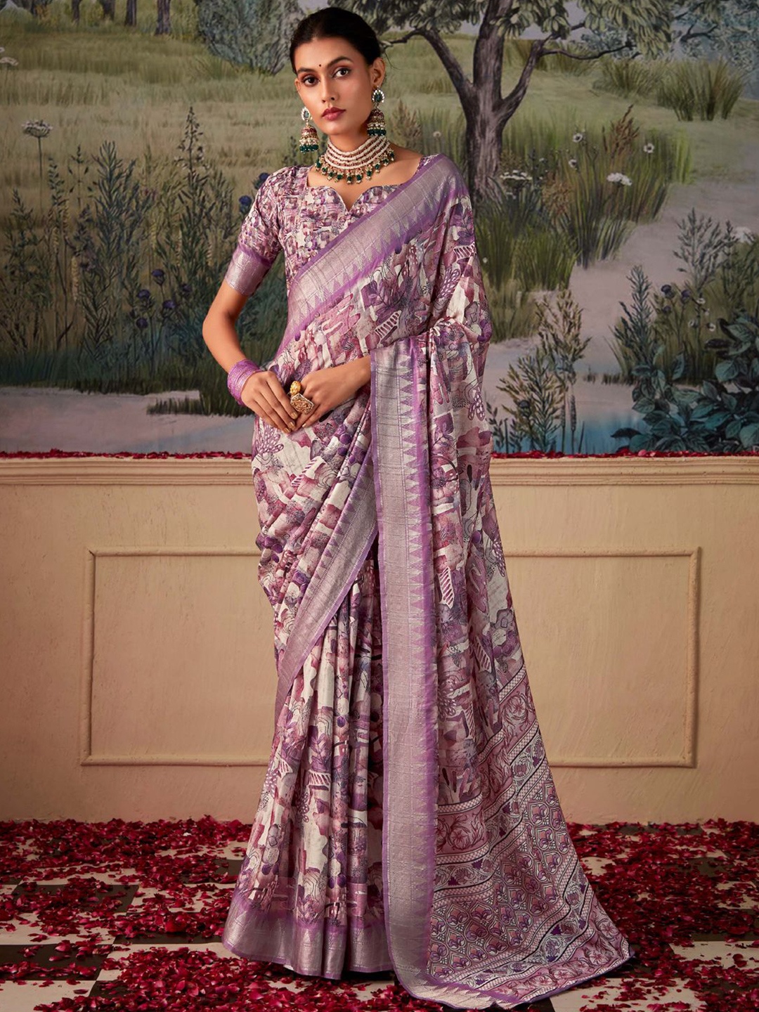 

LeeliPeeri Designer Floral Zari Silk Cotton Tussar Saree, Purple