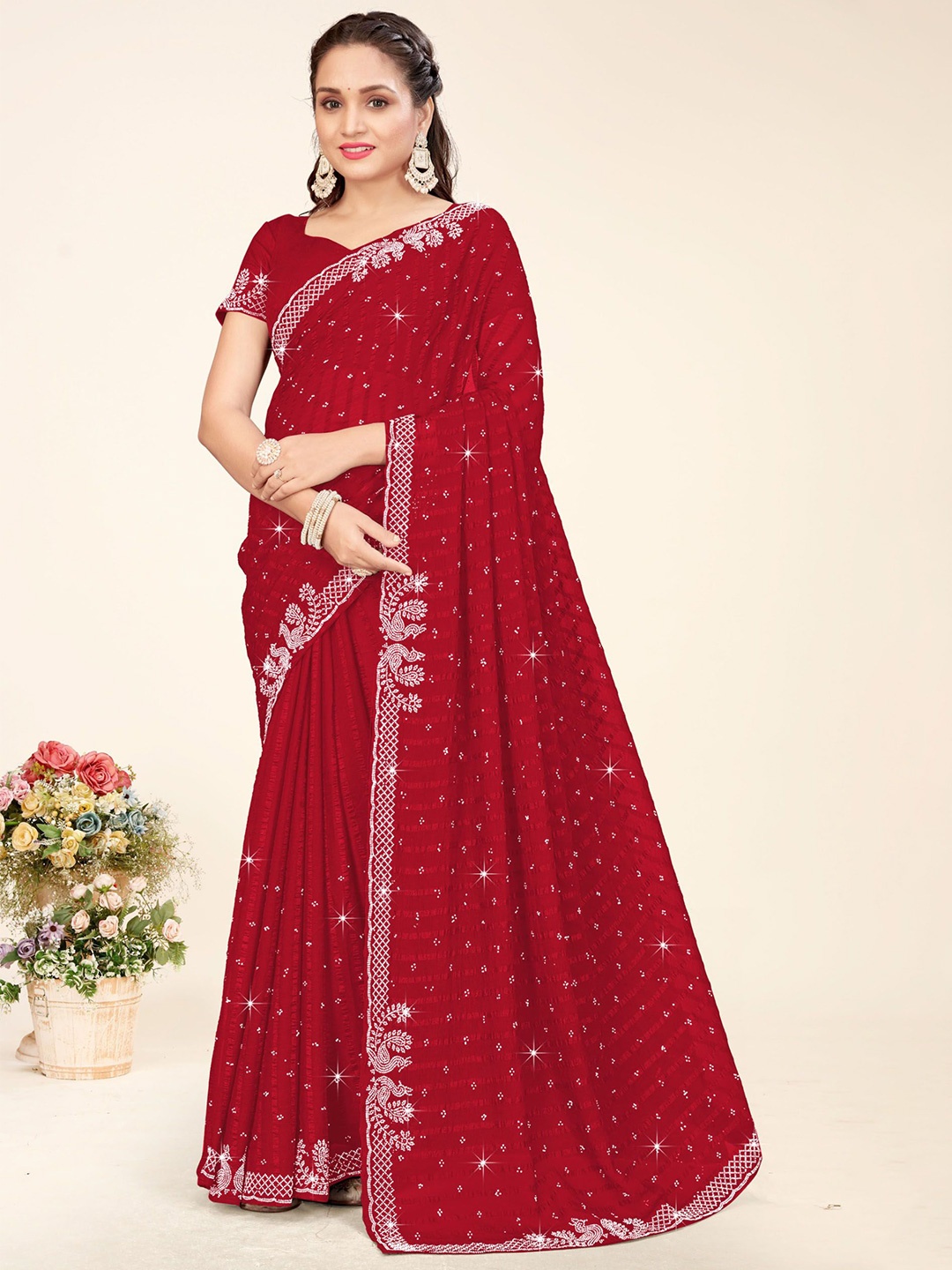 

KEERAT FASHION Embellished Beads and Stones Poly Georgette Chanderi Saree, Red