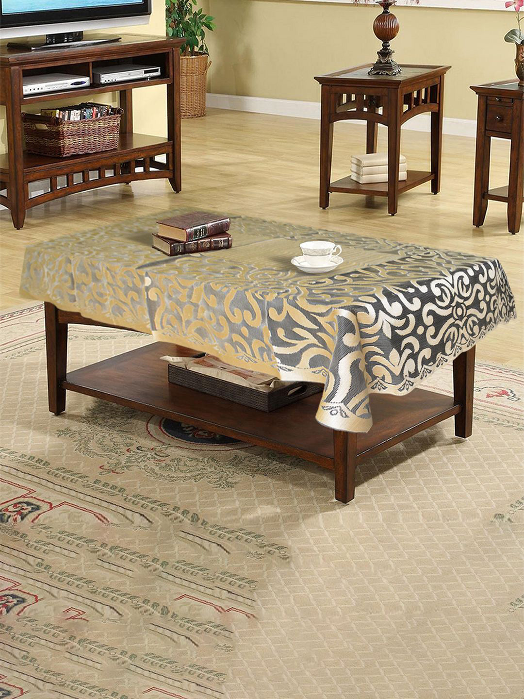 

Kuber Industries Gold-Toned Floral Cotton 4-Seater Table Cover with Textured details