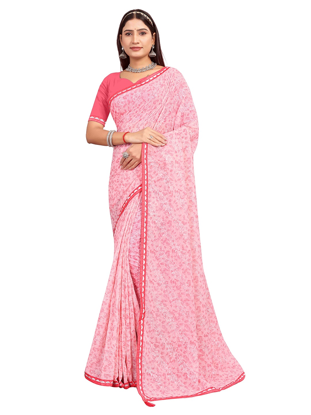 

shree krishna fashion Floral Art Silk Saree, Pink