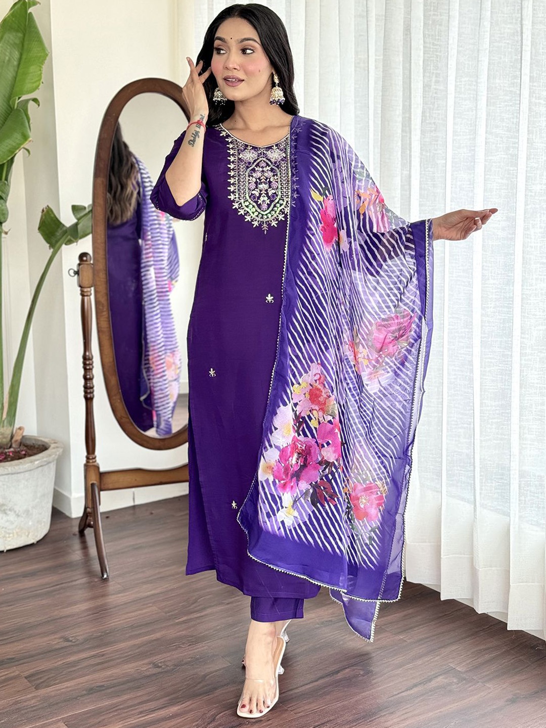 

KALINI Women Floral Yoke Design Regular Sequinned Silk Kurta with Trousers & With Dupatta, Purple