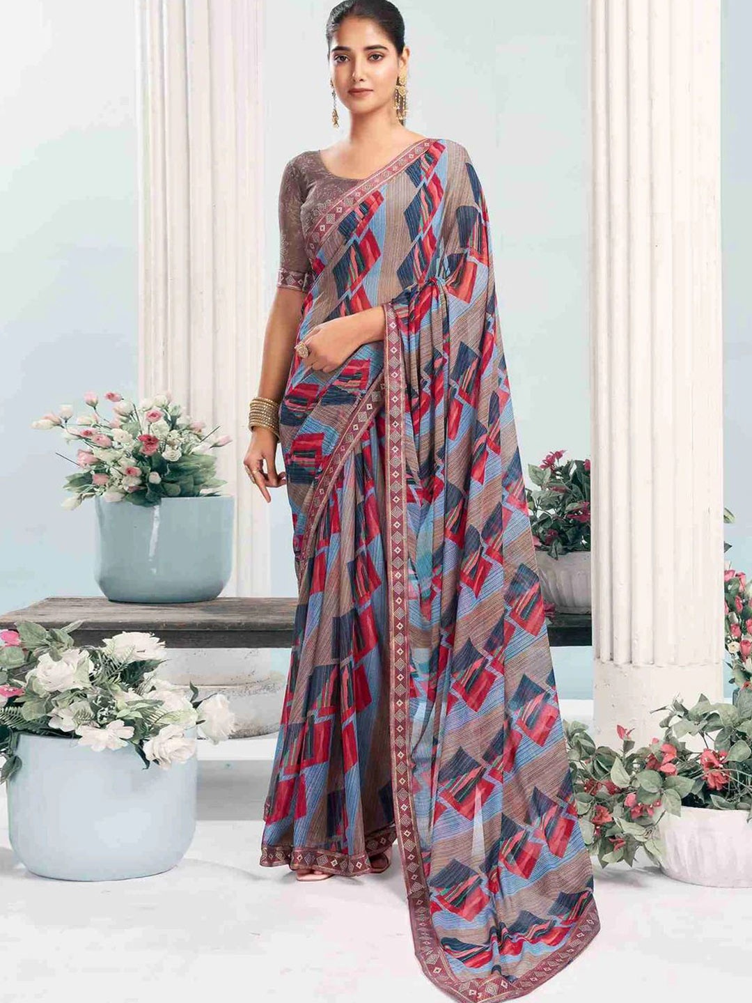 

Styleveda Checked Pure Georgette Block Print Saree, Red