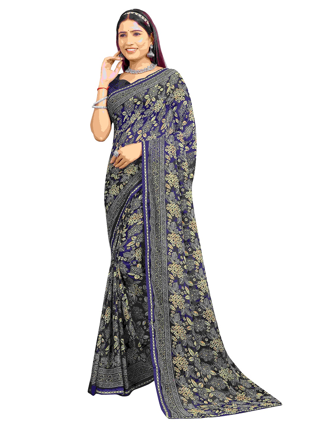 

shree krishna fashion Ethnic Motifs Art Silk Saree, Navy blue
