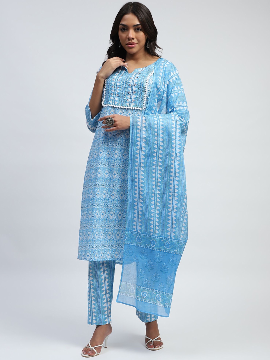 

Me&I Women Printed Regular Pure Cotton Kurta with Trousers & With Dupatta, Blue