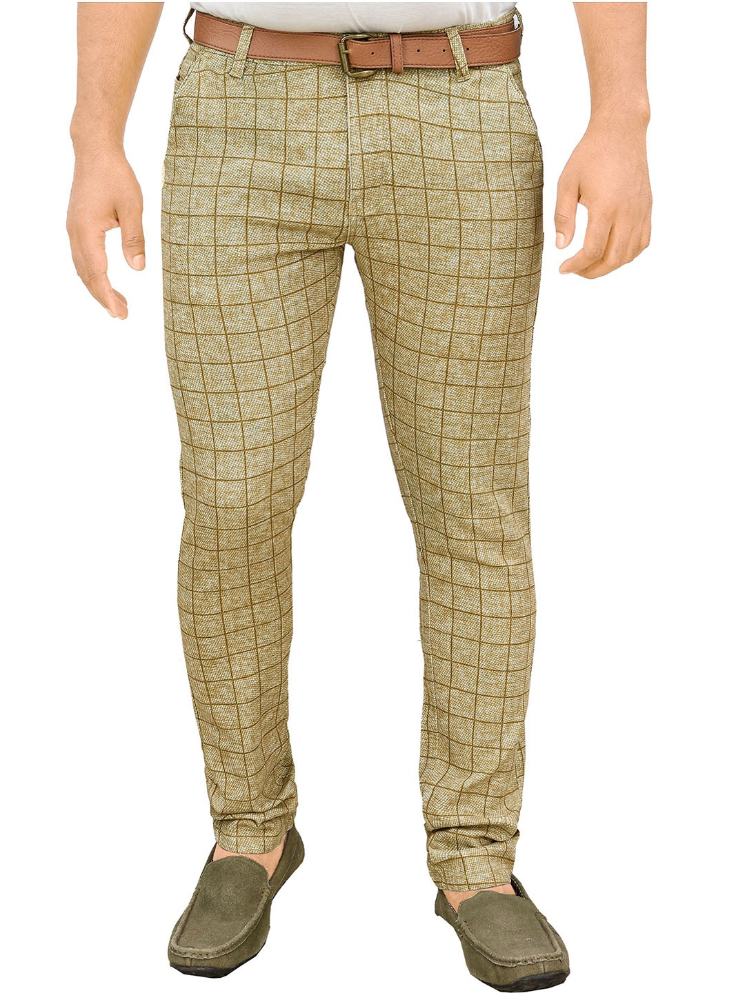 

Plounge Men Checked Slim Fit Trousers, Beige