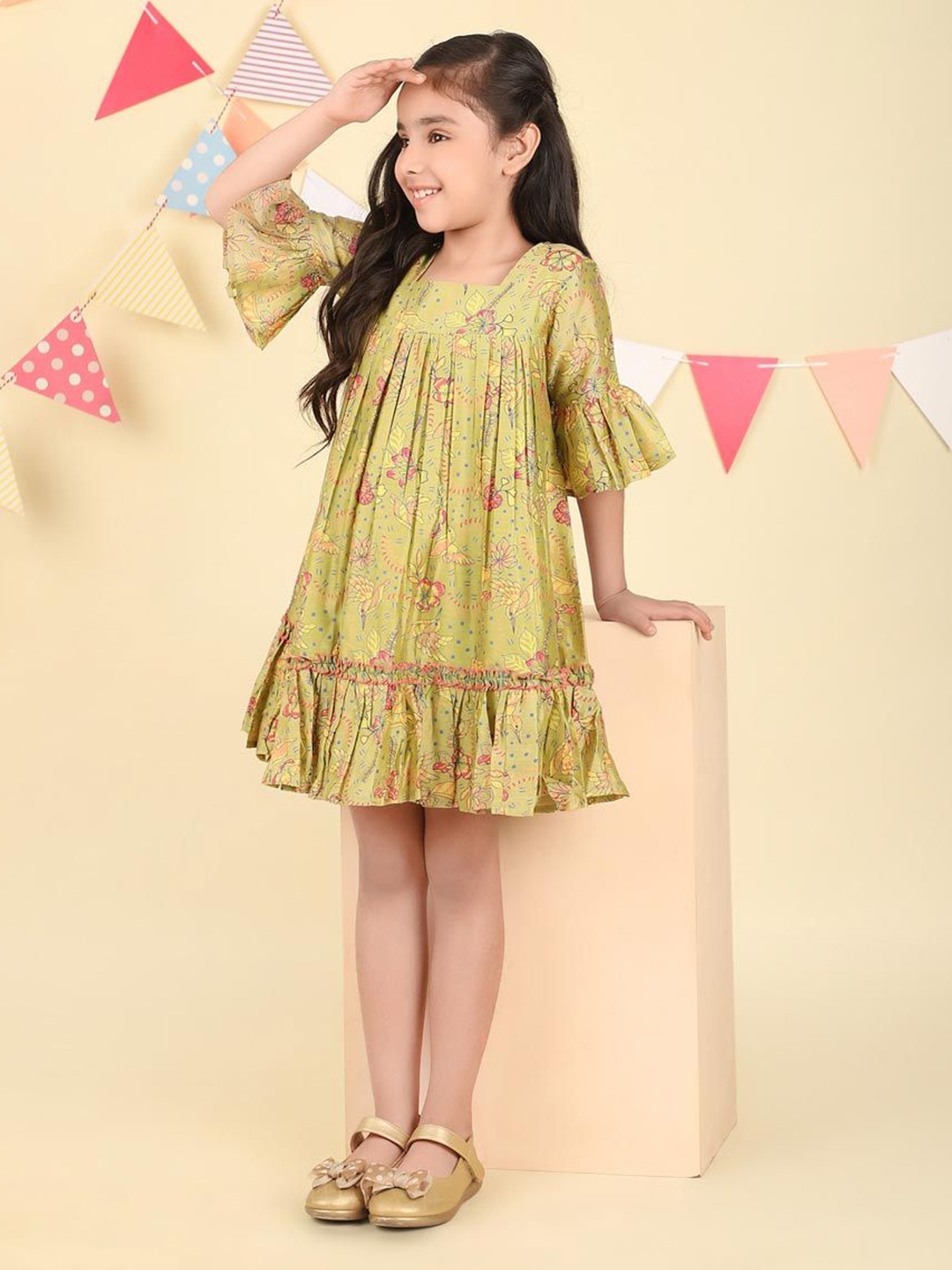 

Fabindia Tropical Print Bell Sleeve A-Line Dress, Green