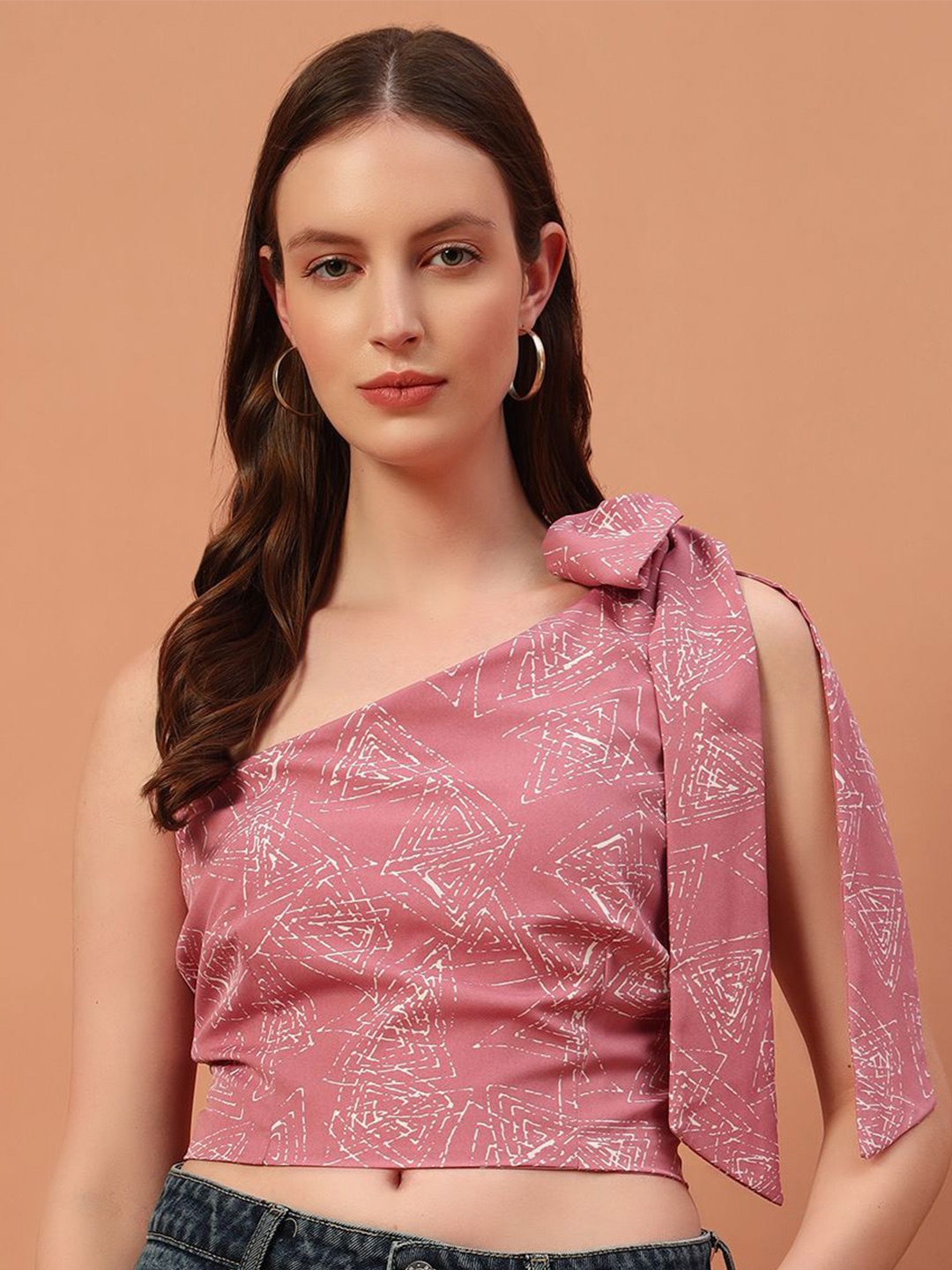 

Rudraaksha Creations Floral Print One Shoulder Crepe Crop Top, Pink