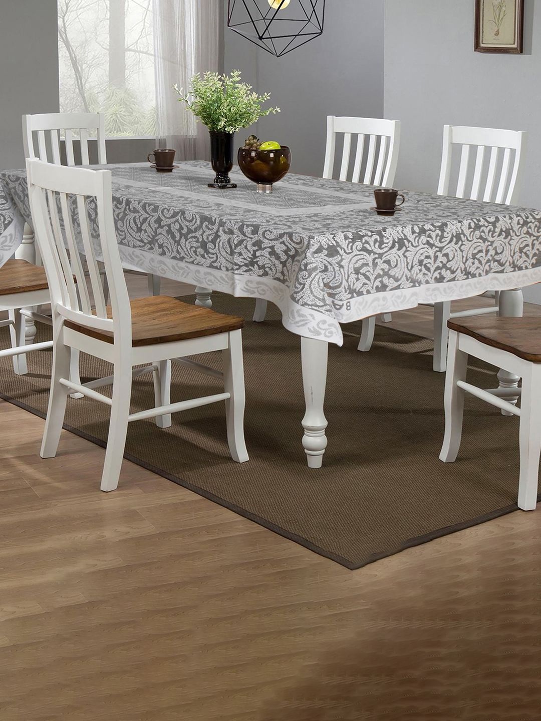 

Kuber Industries White Floral Cotton 6-Seater Table Cover