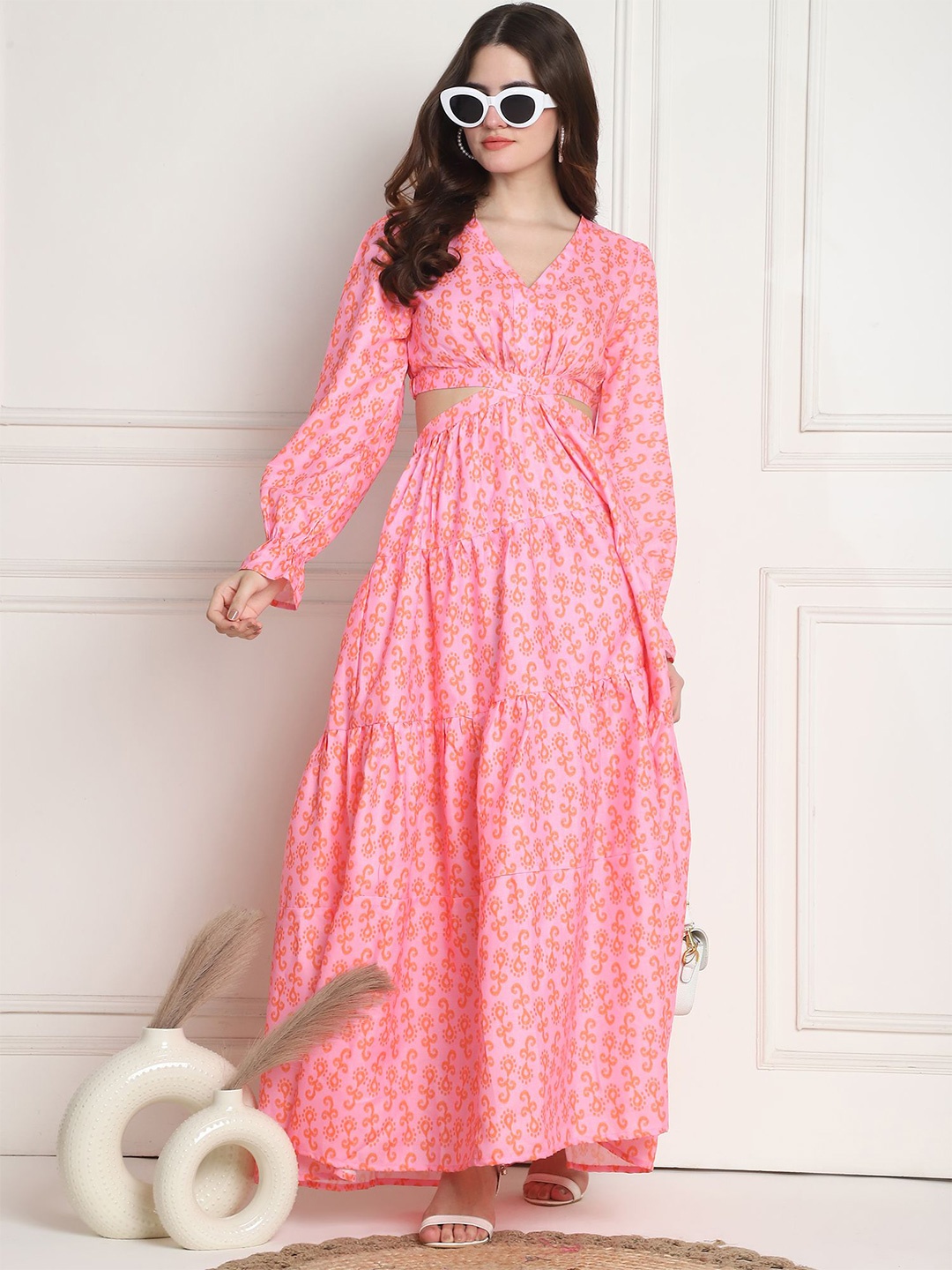 

JAKANARY Floral Print Crepe Fit & Flare Maxi Dress, Pink