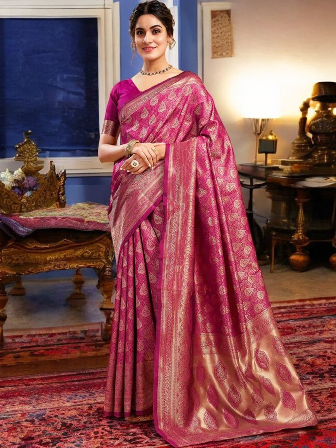 

KALINI Woven Design Zari Silk Blend Banarasi Saree, Magenta