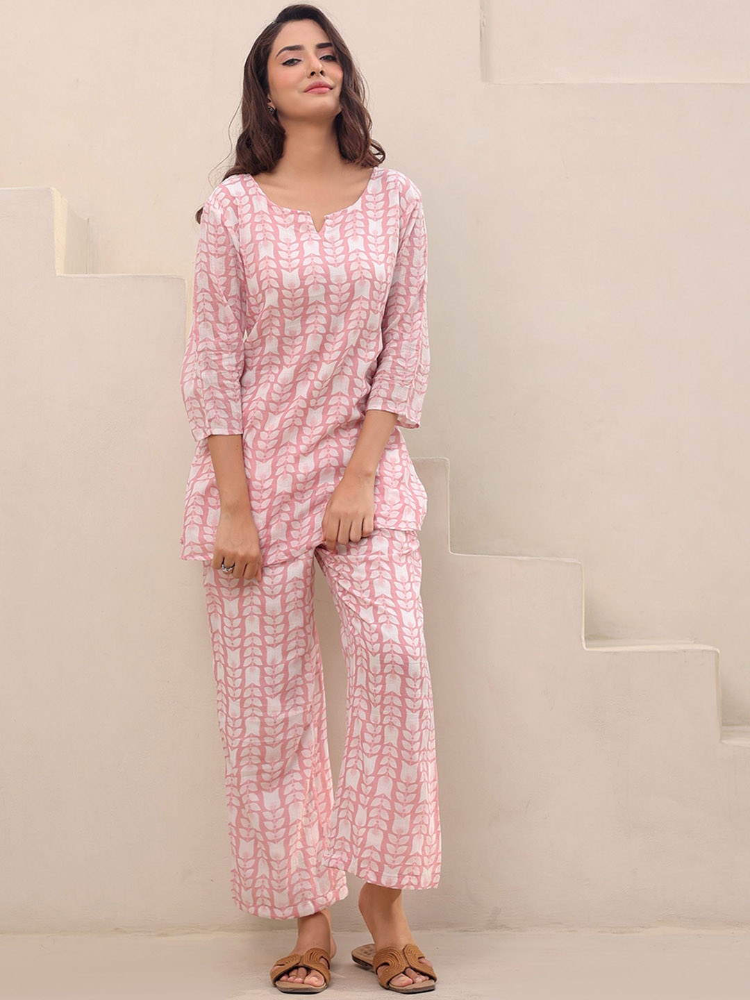 

RANGREAL Printed Pure Cotton Round Neck Top With Trousers Co-Ords Set, Pink