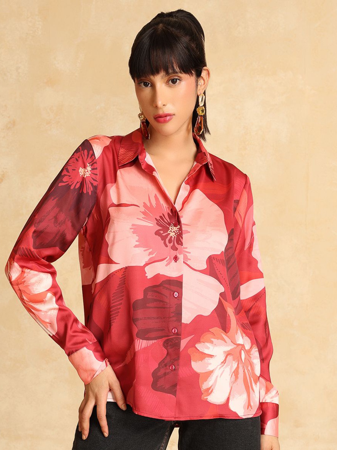 

Kazo Women Opaque Printed Party Shirt, Red