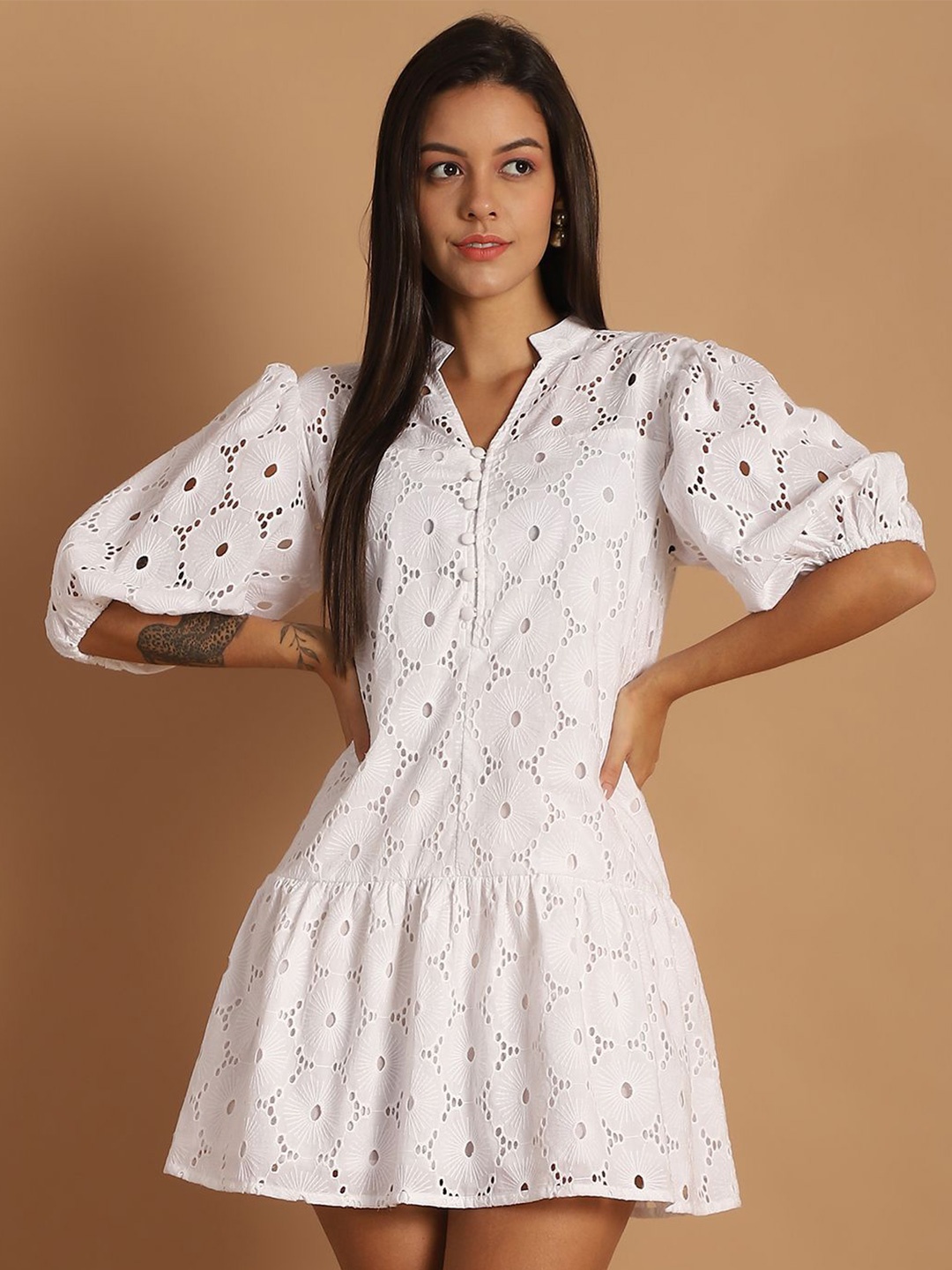 

JAKANARY Floral Puff Sleeve Fit & Flare Dress, White