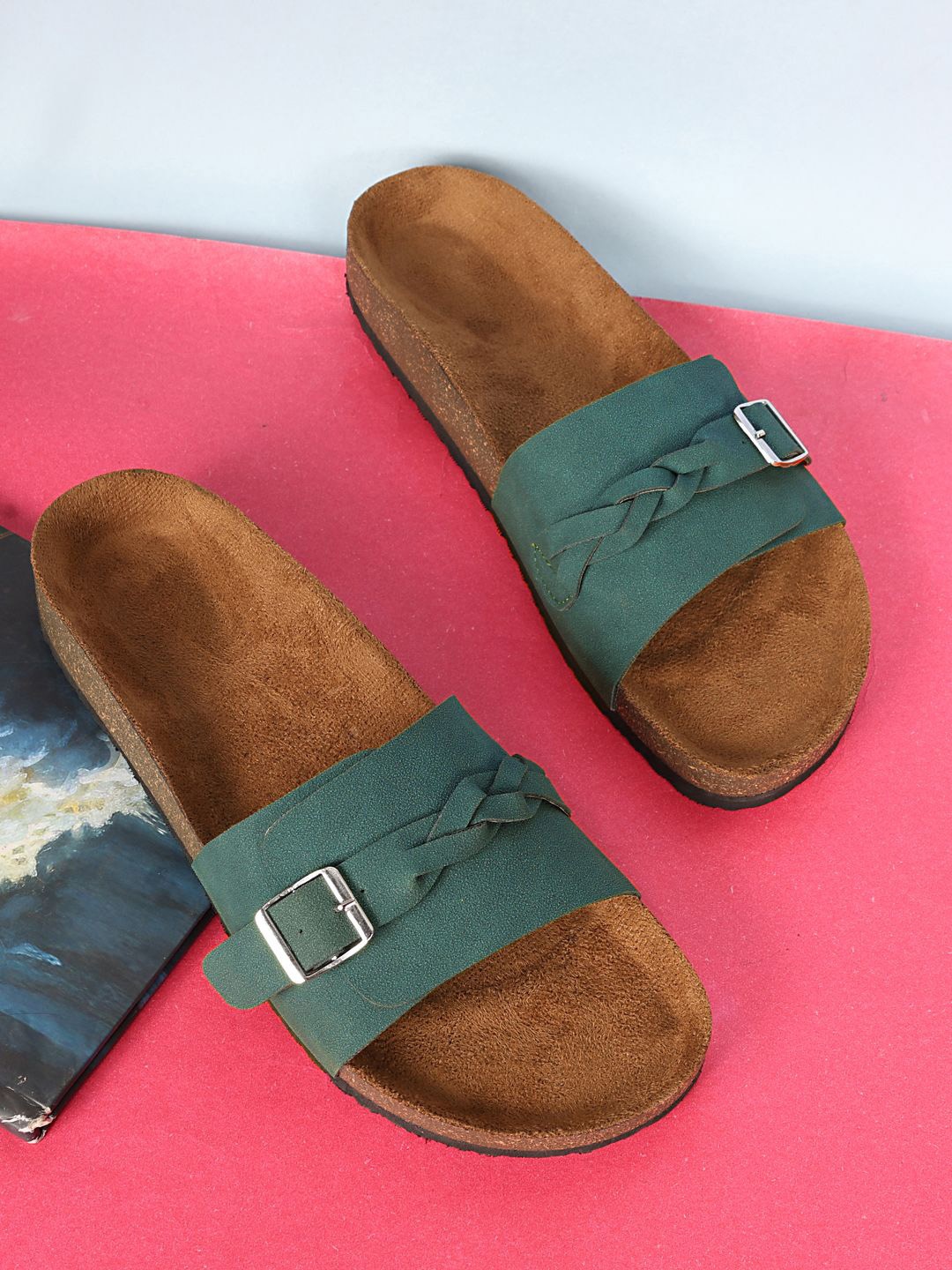 

MOZAFIA Women Open Toe Flats with Buckles, Green