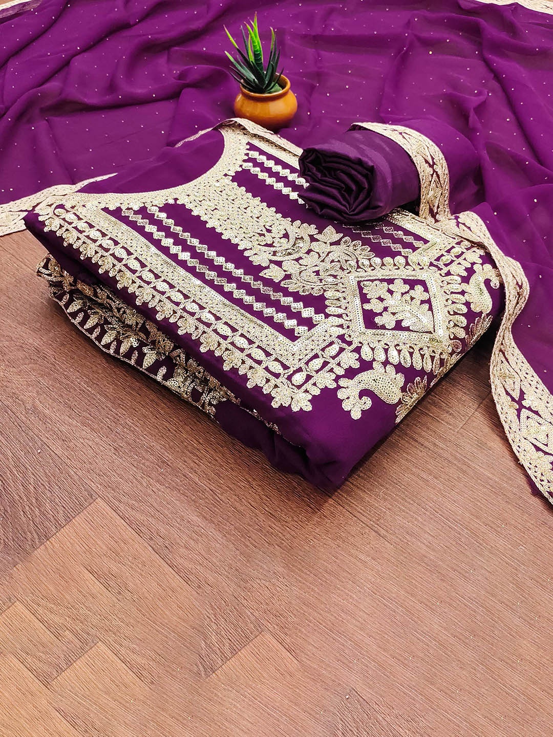 

SHADOW & SAINING Embroidered Silk Georgette Unstitched Dress Material, Purple