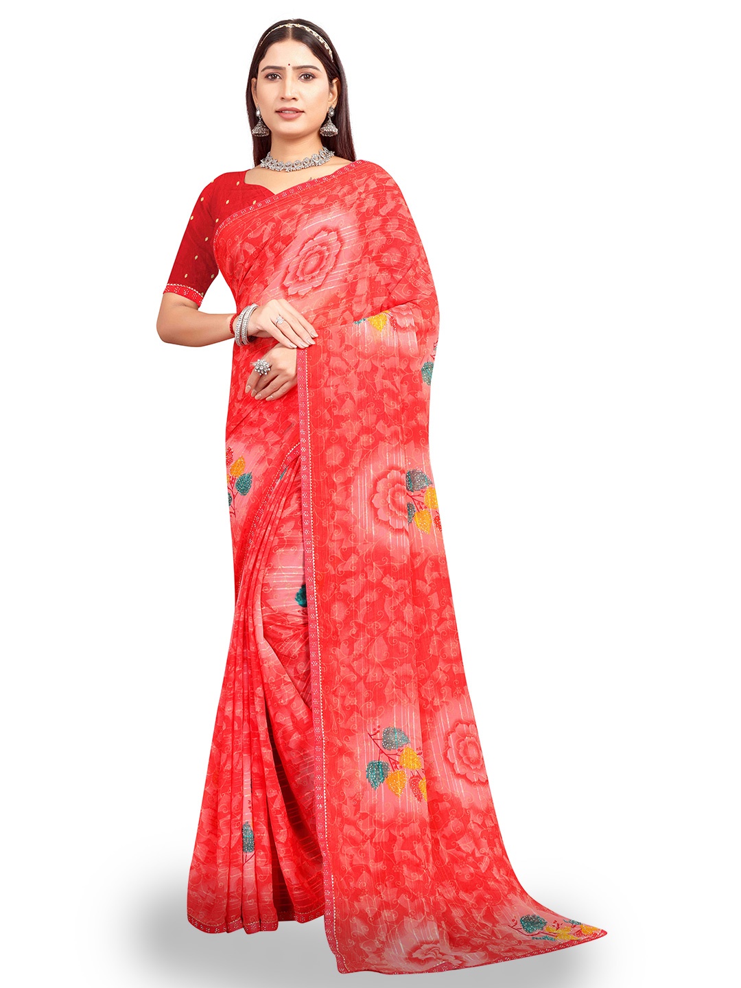 

shree krishna fashion Floral Beads and Stones Art Silk Saree, Red