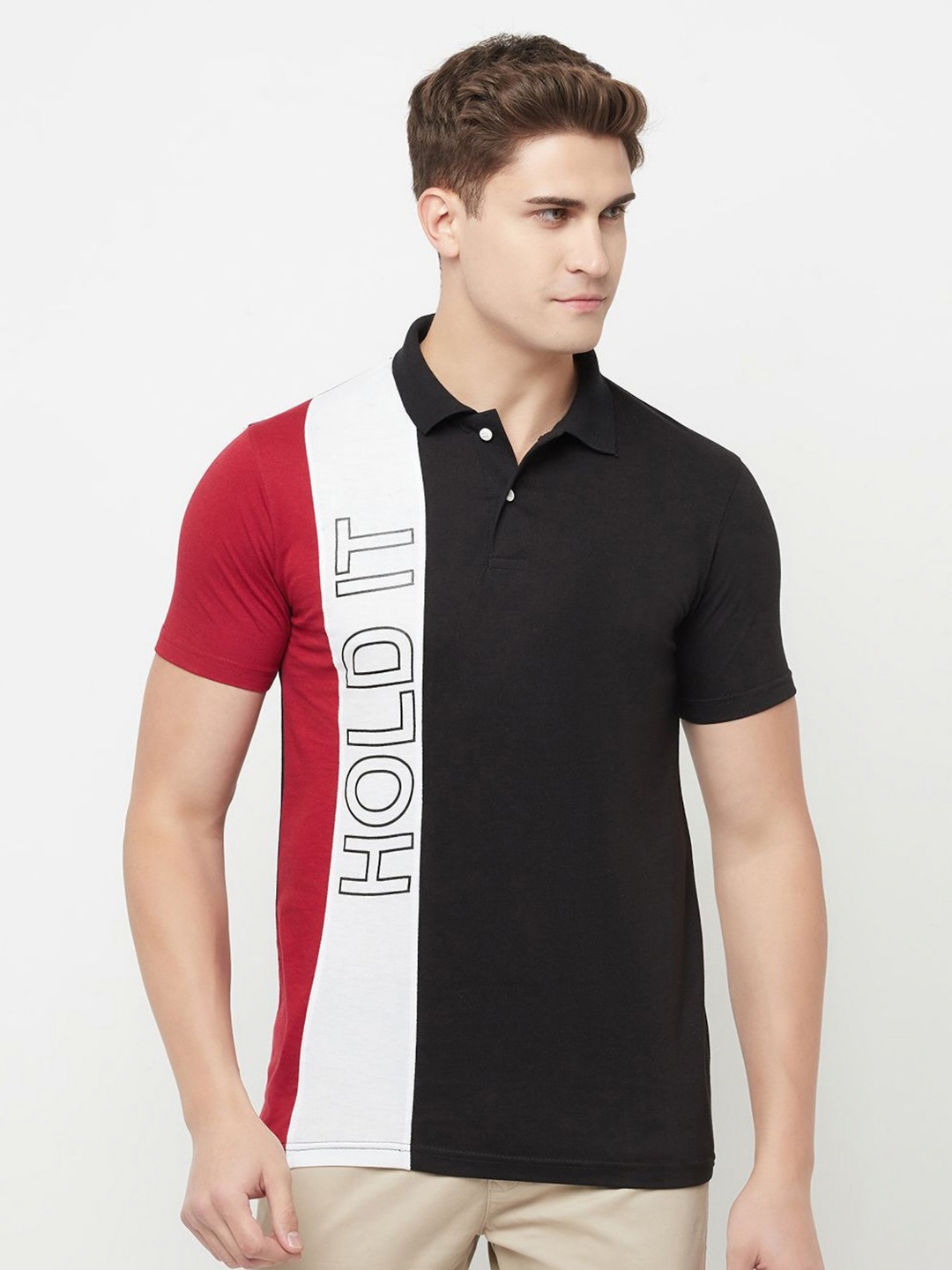

TAZO Men Typography Colourblocked Polo Collar Monochrome Applique T-shirt, Multi