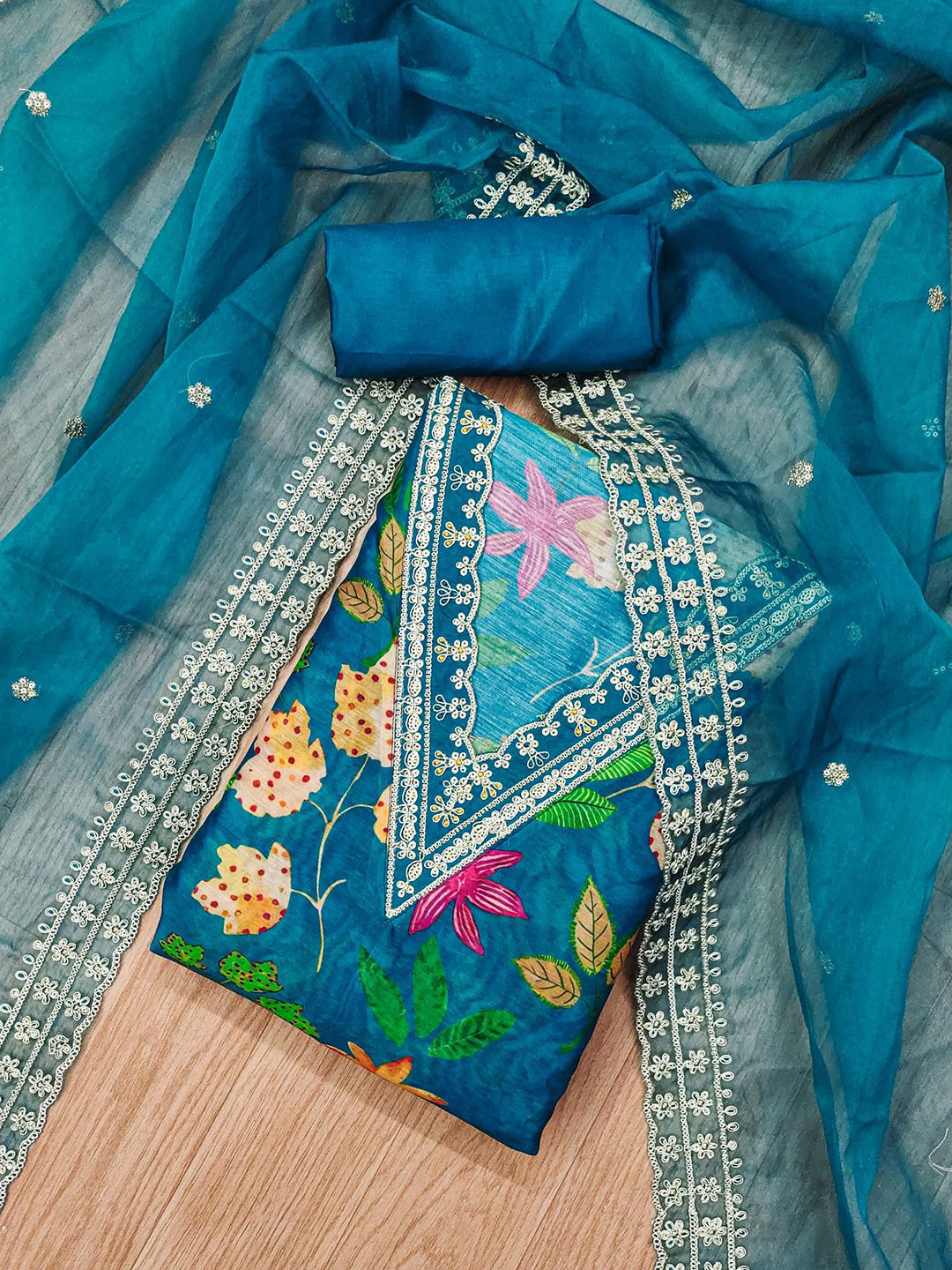 

Panzora Printed Unstitched Dress Material, Blue