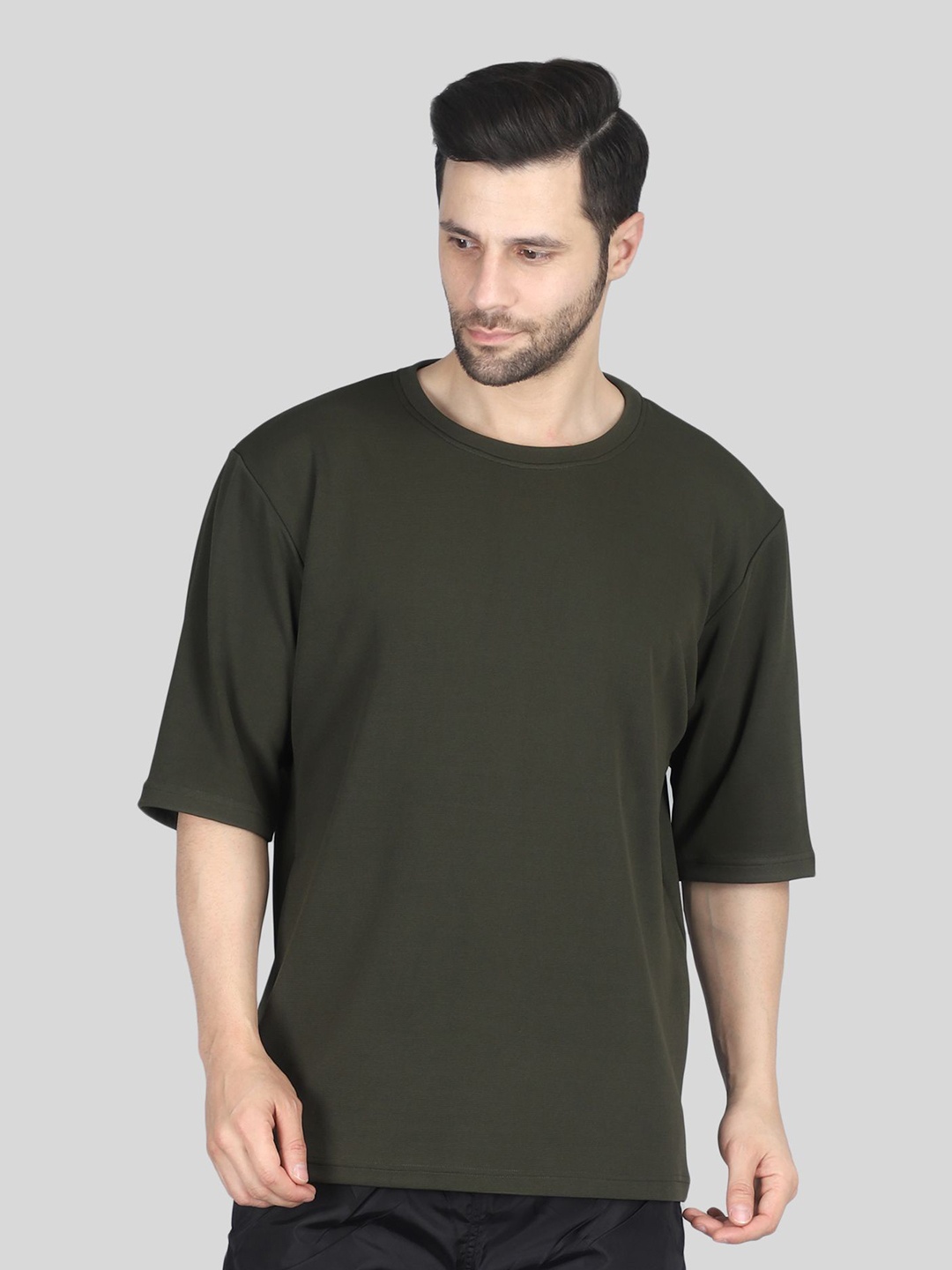 

Raxedo Men Dry-Fit Corduroy Solid Round Neck T-Shirt, Olive