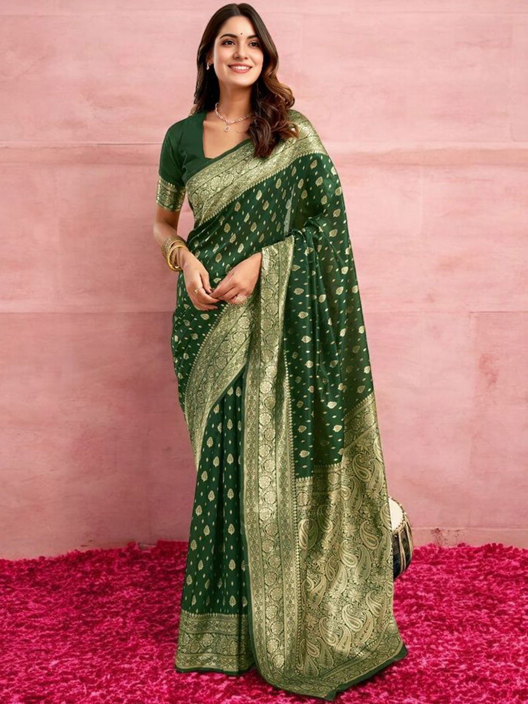 

KALINI Woven Design Zari Silk Blend Banarasi Saree, Green